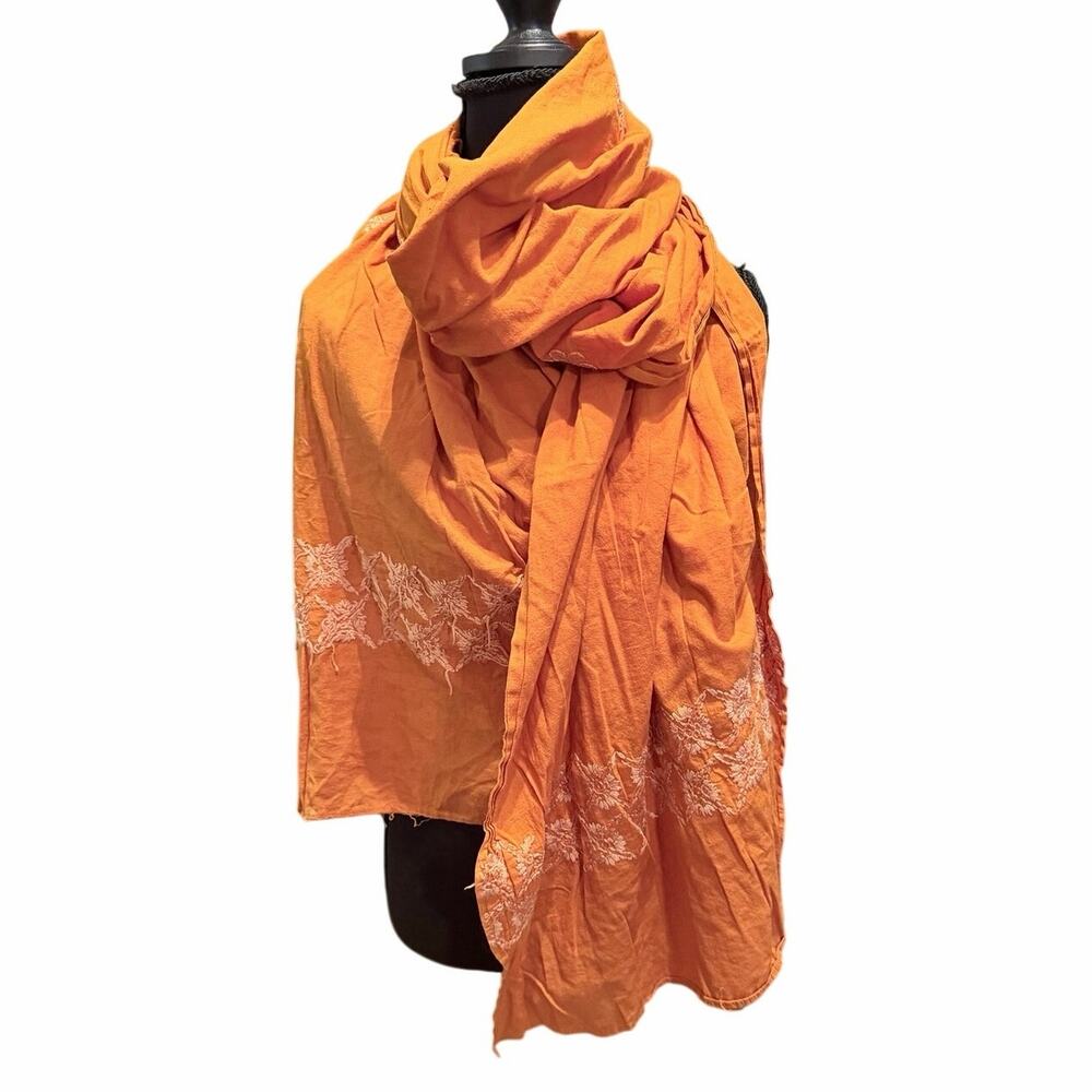 Orange Embroidered Floral Scarf Wrap Shawl Boho Indian Ethnic Festival Cotton